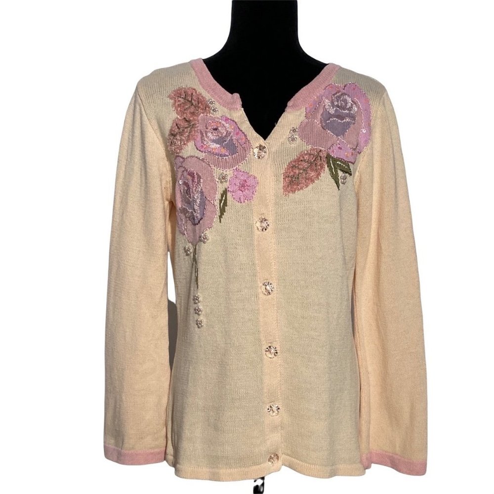 Storybook Knits Cardigan SMALL Peach Green Purple Floral Bouquet Sweater